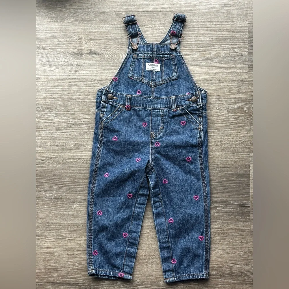 Valentine’s Day Girls Denim Overalls with Embroidered Pink Heart Accents 18 Mon